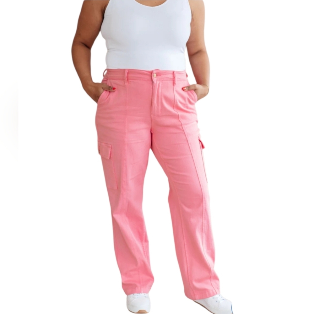 Judy Blue Pink Stretch Front Zip Straightleg Cargo Jeans